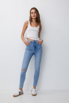 High-rise skinny jeans - pull&bear Super High Waisted Jeans, Pull & Bear, Light Blue Denim, Bago, Pocket Design, High Waist Jeans, Blue Denim, High Rise, Light Blue