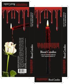 the front and back covers of vampire blood candles, with a rose dripping from it