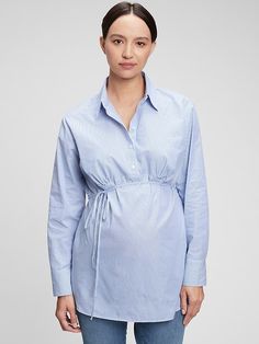 Maternity Styles, Gap Maternity, Popover Shirt, Maternity Fashion, Tie Belt, Blue Stripes, Gap, Long Sleeves, Collar