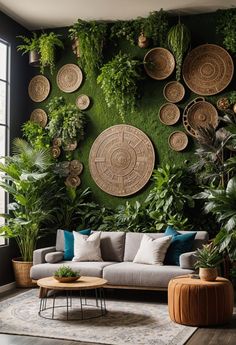 a living room with lots of plants on the wall