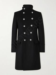 Military uniforms are a key inspiration behind FIFOWEARS iconic outerwear. In a double-breasted silhouette, this structured coat is crafted from insulating wool and traced with silver-tone 'Double Chain Lion' buttons along the front, stand collar and cuffs. Size & Fit Fits true to size, however those who are between sizes should take the larger size Tailored for a slim fit Weighted, non-stretchy fabric Model is shown wearing an IT 48 Model measures: chest 38"/ 96cm, height 6'0"/ 183cm Details & Designer Fitted Pea Coat With Double-breasted Buttons, Formal Wool Coat With Stand Collar, Luxury Wool Coat, Designer Double-breasted Wool Coat For Work, Designer Long Wool Coat, Luxury Fitted Pea Coat, Designer Double-breasted Pea Coat For Formal Events, Designer Double-breasted Pea Coat For Formal Occasions, Designer Tailored Pea Coat With Buttons