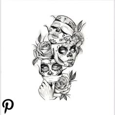 a woman's face with roses and skulls on her head is shown in this tattoo design