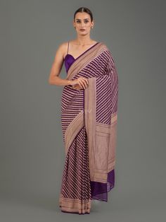 Purple Stripe Khaddi Georgette Handloom Banarasi Saree Chiffon, Saree, India, Silk, Wardrobe