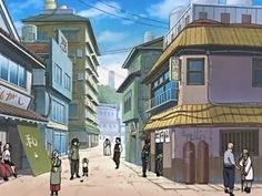 an anime scene with people walking down the street in front of buildings and onlookers