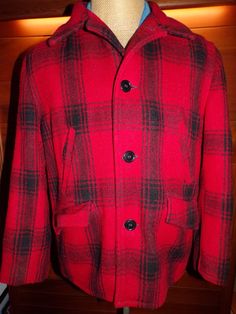 Vintage Sears Roebuck Active Sportswear Hunting Jacket, Coat. Buffalo Plaid. Size Large. Length From The Collar In Back To The Hem Is 32". 24"  Straight Across The Front, Flat, Arm Pit To Arm Pit. 4 Button Front. 4 Pockets In Front. 1 Large Waterproof Pocket In Back With 2 Openings. Both With Buttons. Knit Lining Inside Cuffs. 100% Wool. You Will Not Find A Jacket Like This In Better Condition. No Stains, Holes Or Tears. No Piling. Winter Outerwear With Stand Collar And Welt Pockets, Winter Outerwear With Welt Pockets And Stand Collar, Casual Outerwear With Stand Collar And Welt Pockets, Retro Winter Outerwear With Stand Collar, Cold Weather Long-sleeve Single-breasted Sport Coat, Single Breasted Sport Coat For Cold Weather, Cold Weather Long Sleeve Single Breasted Sport Coat, Single Breasted Long Sleeve Sport Coat For Cold Weather, Winter Plaid Sport Coat With Welt Pockets