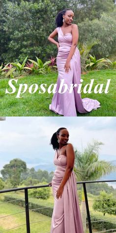 two different pictures of the same woman in pink dresses