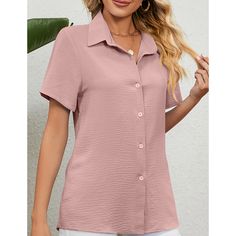 Pink Button Lapel Short Sleeve Shirt Mock Neck Blouse, Short Sleeve Shirt Women, Flutter Sleeve Top, Work Shirts, Navy And Green, Online Clothing Stores, Women Tops, Shirt Women, Online Boutiques