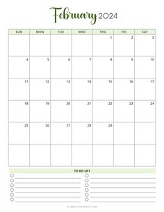 a printable calendar for the month of february with green and white lettering on it