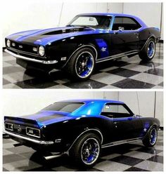 two pictures of a purple and black muscle car