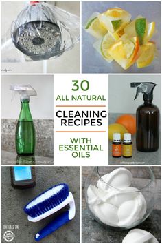 several different pictures with the words 30 all natural cleaning recipes and essentials to use