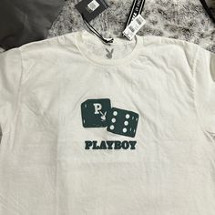 Men’s Small White Playboy T-Shirt With Dice On Front Unisex Graphic Print T-shirt For Playwear, Cheap Graphic Print T-shirt For Playwear, Playboy Jeans Men, Dice Shirt, Playboy Bunny Shirt, Playboy Bunny Jacket, Men Lie, Boy Costumes, Mens Costumes