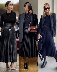 Pleated Long Black Skirt Outfit, Long Leather Pleated Skirt Outfit, Pleated Skirt Long Outfit, Long Black Pleated Skirt Outfit Winter, Black Maxi Pleated Skirt Outfit, What To Wear With Black Pleated Skirt, Black Satin Pleated Skirt Outfit, Black Accordion Skirt Outfit, Black Pleated Skirt Outfit Work