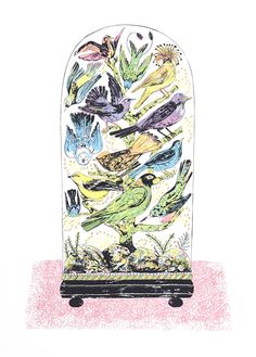 a drawing of birds in an arch with plants and flowers on the bottom, against a white background