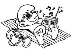 a cartoon character laying on top of a bed with a radio in his hand and music notes