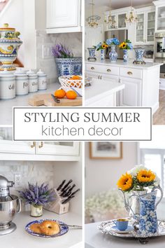 the kitchen is decorated in blue and white, with sunflowers on the counter