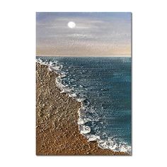 an ocean scene with waves crashing on the beach and moon in the sky above it