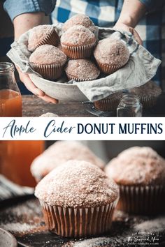 apple cider donut muffins with powdered sugar on top and an image of the finished muffin