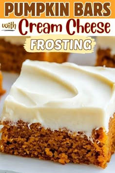 pumpkin bars with cream cheese frosting on top