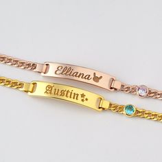 "Our sterling silver baby bracelet is the perfect gift for the little star in your life. These kids bracelets can be personalized with the child's name and date to create a bespoke gift. Make it more unique by adding your kid's birthstone. ► BABY NAME BRACELET WITH BIRTHSTONE * The plate charm measures approx. 1 1/4\" (32mm) in length and 1/4\" (6.5mm) in width * Word limits: up to 8 characters for best visibility. * Age group bracelet size recommendation: DISCLAIMER: Every baby is different. Th Cute Silver Name Bracelet For Gift, Cute Silver Name Bracelet Gift, Silver Name Bracelet Cute Gift, Cute Silver Name Bracelet, Silver Stainless Steel Name Bracelet For Birthday, Personalized Stainless Steel Name Bracelet For Birthday, Personalized Rose Gold Charm Bracelet For Birthday, Hypoallergenic Rose Gold Name Bracelet For Birthday, Personalized Stainless Steel Bracelets For Birthdays