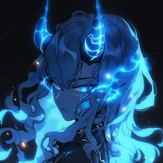 an anime character with long hair and blue eyes is staring at something in the dark