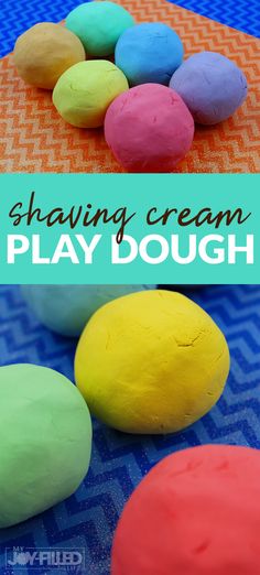 some play dough is sitting on top of a blue mat with the words shaving cream play dough