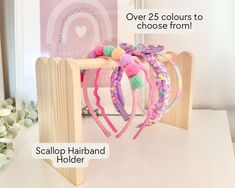 This handmade scalloped hairband holder is the perfect accessory for any girls room. It stores, organises and displays all those pesky hairbands that clutter up dressing tables everywhere! A beautifully hand crafted hairband holder made from sustainably sourced hand selected pinewood, and hand painted or waxed in your colour choice. The holder can be as personalised as you wish! Please message us with any personalisation you require. We have a Hairband and scrunchie holder set available https:// Hairband Storage, Hairband Holder, Scrunchie Holder, Headband Holder, Dressing Tables, Permanent Vinyl, Hair Accessories Headbands, Girl's Room, Girls Room