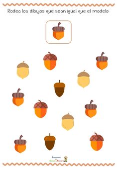 an autumn themed game with acorns and leaves in spanish, which includes the letter o