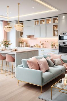 a living room filled with furniture next to a kitchen and dining area in front of a window