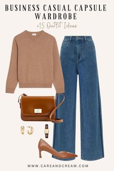 30+ Business Casual Capsule Wardrobe Essentials + Outfit Ideas Autumn Capsule Wardrobe, Smart Casual Work Outfit Women, Business Casual Jeans