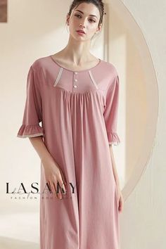 Lasaky - Luxurious Short Sleeve Modal Cotton Sleep Dress with Delicate Lace Trim Pink Casual Nightgown For Home, Casual Pink Nightgown For Home, Pink Casual Nightgown, Casual Pink Nightgown, Pink Ruffled Long Sleeve Sleepwear, Pink Ruffled Loungewear Dress, Pink Ruffled Short Sleeve Sleepwear, Pink Ruffle Dress For Loungewear, Pink Short Sleeve Dress For Loungewear