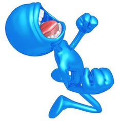 a blue cartoon character with its mouth open and tongue out, holding his hands in the air