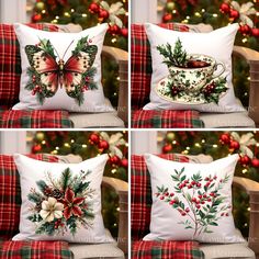 four pillows with christmas decorations on them