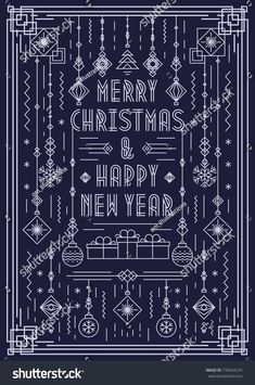 merry christmas and happy new year greeting card design in art deco style on dark blue background