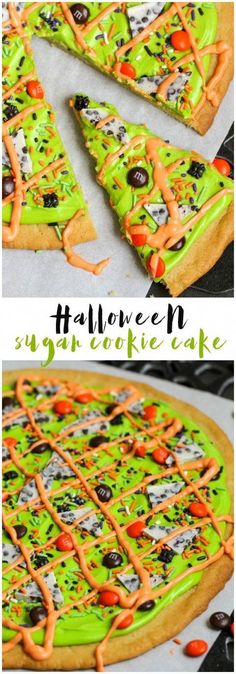 halloween pizza with green and orange toppings on it, cut in half to look like a tree