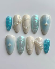 📌Choose new designs for this spring 📌book your appointment 📆 Summer Nails Mermaid Effect, Pastel Press On Nails, Gel X Nails Short Almond, Nail Art Book, Blue Shell Nails, 3d Beach Nails, Cute Nail Ideas Blue, 3d Nail Designs Summer, Gel X Inspo Nails