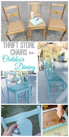 there are pictures of different chairs that have been painted blue and the words, thrift store chairs for outdoor dining