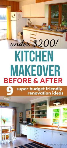 kitchen makeover before and after with text overlay that reads under $ 2, 000