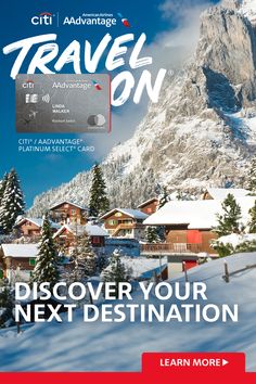 a travel card with mountains in the background and text that reads, travel on discovery your next destination learn more