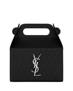 a black box with a white monogrammed logo on the front and bottom side