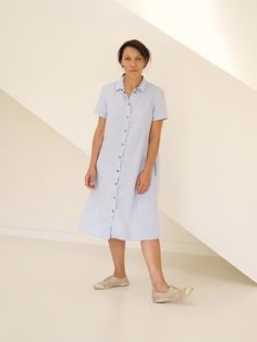 "Shirtdress with short sleeves. We took a classic snap-front silhouette and turned it into an ultra-flattering, lightweight shirtdress that can be worn from work to weekend. The dress has a classic shirt color, short sleeves and belt which makes it perfect as a work outfit for summer. But style it with sneakers or tank top and shorts underneath and you will have a fun and stylish casual look. Shirtdresses give lots of room for outfit experiments! ABOUT US LINEN ID was born from desire to embrace Short Sleeve Shirt Dress With Button Closure For Summer, Summer Short Sleeve Button Shirt Dress, Classic Summer Dress With Spread Collar, Elegant Relaxed Fit Short Sleeve Linen Dress, Knee-length Relaxed Fit Shirt Dress For Summer, Relaxed Fit Knee-length Shirt Dress For Summer, Elegant Short Sleeve Linen Dress With Relaxed Fit, Summer Midi Shirt Dress With Buttons, Knee-length Shirt Dress With Placket For Summer