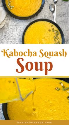 kabocha squash soup in a black bowl with spoons