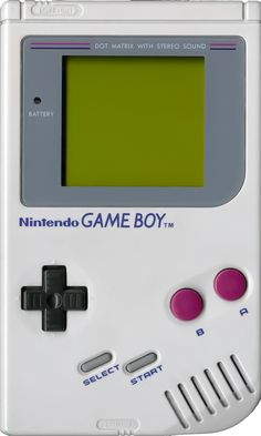 an old nintendo game boy with the screen turned green and buttons on each side, in front of a white background