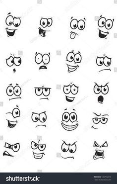 cartoon faces drawn in black and white with different expressions, eyes and mouth shapes stock photo