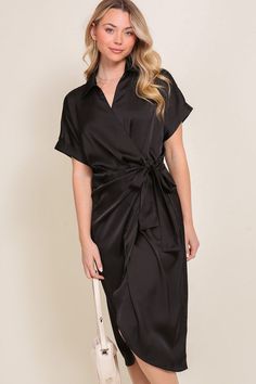 Short sleeve collared satin wrap midi dress with side self tie detailFabric Contents: 100% PolyesterMade in China Non-stretch fabric Non-sheer fabric Size Measurement (inch): S: null (Bust), null (Waist), null (Hips), null (Length) M: null (Bust), null (Waist), null (Hips), null (Length) L: null (Bust), null (Waist), null (Hips), null (Length) Dimensions (inch): S: M: L: Black Satin Mini Dress, Satin Wrap Dress, Designer Midi Dresses, Surplice Neckline, Wrap Midi Dress, Denim Mini Dress, Satin Mini Dress, Sheer Fabric, Black Wrap Dress