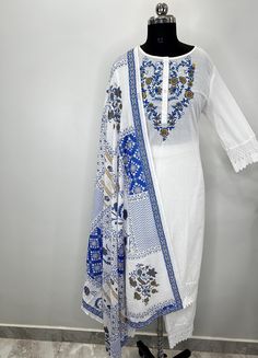 Pure Cotton White & Blue Embroidered Straight Kurta with Trousers & Dupatta For Party /Festive / Wedding For Women Pakistani Salwar Kameez / Indian Wedding Dress / Plus Size Cotton Dress Traditional Indian Wear / Salwar Kameez Dupatta / Kurti Palazzo Set The set contains: 1 Kurta 1 Trousers 1 Dupatta Kurta: The  white and blue straight Kurta has a round neck design with embroidered details. The Kurta measures calf length and has straight hemline. Sleeve length :  3/4 Sleeves Palazzo : Solid has Cotton Kurta Sets For Women, Kurta Sets For Women, Kurti Palazzo Set, Kurti Palazzo, Dress Traditional, Pakistani Salwar, Festive Wedding, Pakistani Salwar Kameez, Palazzo Set