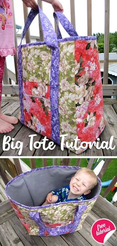 a baby sitting in a large bag on top of a wooden deck with the words, big tote tutorial