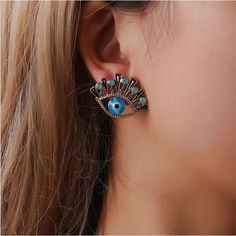 Gorgeous Elegant Blue Eyes Stud Earrings Simple Stud Earrings, Diamond Eyes, Evil Eye Earrings, Alloy Earrings, Blue Evil Eye, Eye Earrings, Earring Patterns, Earring Sale, Modern Earrings