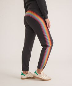 Rainbow Stripe Sweatpants Relaxed fit Inseam: S: 28.5", M: 29", L: 29.5" Elastic waist and legs Material: 80% Cotton, 20% Polyester Rainbow Pants, Icon Clothing, Striped Sweatpants, Obey Clothing, Matching Sweatshirts, Marine Layer, Skin Care Shopping, Fleece Sweatpants, Casual Accessories