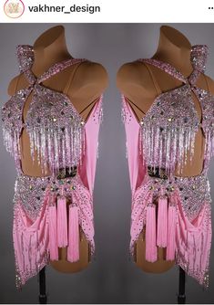 two mannequins dressed in pink and silver with beading on the sides