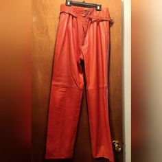 These Are An Incredible Pair Of Vintage Genuine Red Leather Pants. These Have A "Baggy" Style Look To Them With A Built-In Belt Front Zip And Snaps Closer And Front Pockets. The Inside Liner Is Torn, But Easily Repairable And Has No Effect. This Is Genuine Leather By Vera Pelle & Garl Creazioni. They Are Soft, Worn In, With No Holes Or Stains. There Is Slight Wear On The Bottom Pants Cuffs, But It's Not Noticeable. All Defects Are Shown In The Photos. The Approximate Unstretched Measurements; Wa Trendy Red High-waist Leather Pants, Fitted Red Leather Pants, Stretch High Waist Red Leather Pants, Brown Full-length Faux Leather Pants, Red Leather Pants, Fitted Red Leather Full-length Pants, Baggy Style, Cuffed Pants, Vintage Pants